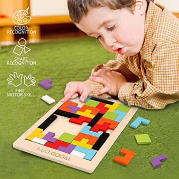 Wooden Blocks Puzzles Brain Teasers, Tangram Puzzles & Educational Toys for Toddlers Age 3 5 7 10, Colorful Russian Blocks with a Storage Bag, Perfect Montessori & Stem Toys Gift for Kids (40Pcs)