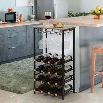 YBING Wine Rack Table Wine Rack Freestanding Floor with Glass Holder 5 Tier Oak Wine Bar Rack 16 Bottle Floor Liquor Cabinet Bar Wine Bottle Organizer Storage Stand for Home Living Room Dining