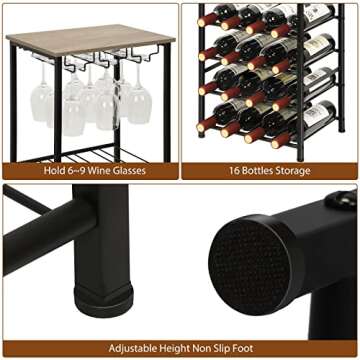 YBING Wine Rack Table Wine Rack Freestanding Floor with Glass Holder 5 Tier Oak Wine Bar Rack 16 Bottle Floor Liquor Cabinet Bar Wine Bottle Organizer Storage Stand for Home Living Room Dining