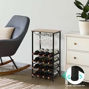 YBING Wine Rack Table Wine Rack Freestanding Floor with Glass Holder 5 Tier Oak Wine Bar Rack 16 Bottle Floor Liquor Cabinet Bar Wine Bottle Organizer Storage Stand for Home Living Room Dining