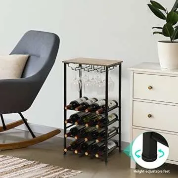 YBING Wine Rack Table Wine Rack Freestanding Floor with Glass Holder 5 Tier Oak Wine Bar Rack 16 Bottle Floor Liquor Cabinet Bar Wine Bottle Organizer Storage Stand for Home Living Room Dining