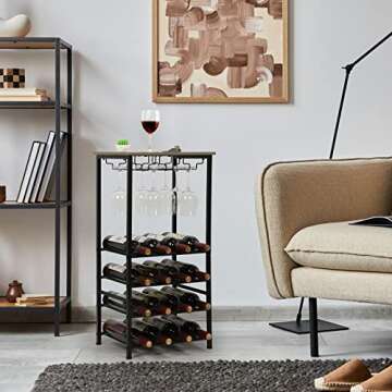 YBING Wine Rack Table Wine Rack Freestanding Floor with Glass Holder 5 Tier Oak Wine Bar Rack 16 Bottle Floor Liquor Cabinet Bar Wine Bottle Organizer Storage Stand for Home Living Room Dining