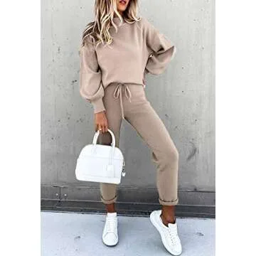 Meenew Women's 2 Piece Outfit Long Sleeve Jogger Sets Casual Sweatsuits Khaki S