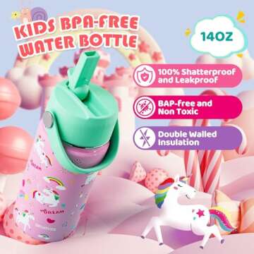 14 OZ Kids Water Bottle with Straw Lid 18/8 Stainless Steel Insulated Water Bottle for School BPA Fr...
