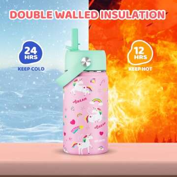 14 OZ Kids Water Bottle with Straw Lid 18/8 Stainless Steel Insulated Water Bottle for School BPA Free Vacuum Double Wall LeakProof Portable Water Cups for Kids Girls BoysTravel Sports