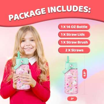 14 OZ Kids Water Bottle with Straw Lid 18/8 Stainless Steel Insulated Water Bottle for School BPA Free Vacuum Double Wall LeakProof Portable Water Cups for Kids Girls BoysTravel Sports