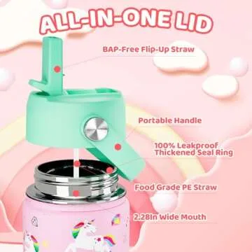 14 OZ Kids Water Bottle with Straw Lid 18/8 Stainless Steel Insulated Water Bottle for School BPA Free Vacuum Double Wall LeakProof Portable Water Cups for Kids Girls BoysTravel Sports