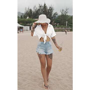 GOBLES Womens Summer Blouse V Neck Tie Knot Batwing