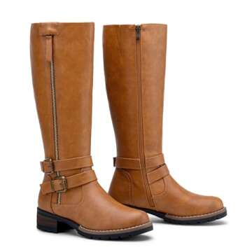 Jeossy Knee High Boots for Women, Flat Low Heel Tall Riding Boots Classic, 9660 - Camel, Size 8 US - with Side Decorative Zipper (DJY9660 Camel 08)