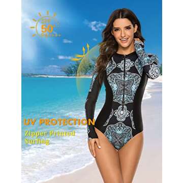 SELINK Women's Long Sleeve Rash Guard UV Protection Zipper Printed Surfing One Piece Swimsuit Bathin...