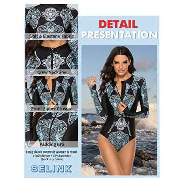 SELINK Women's Long Sleeve Rash Guard UV Protection Zipper Printed Surfing One Piece Swimsuit Bathing Suit