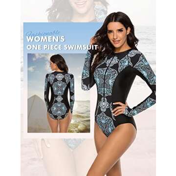 SELINK Women's Long Sleeve Rash Guard UV Protection Zipper Printed Surfing One Piece Swimsuit Bathing Suit