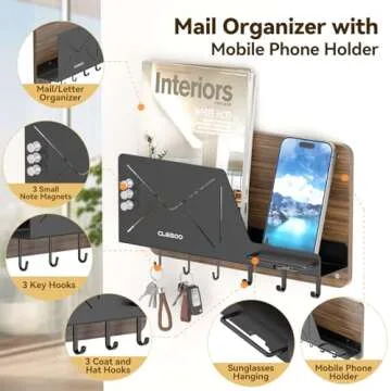 CLESOO Mail Holder Wall Mount - 6 Key Hooks Hanging Mail Organizer with Phone Holder - Letter Storage with Eyeglasses Holder, Magnets - Key Hanger with Shelf for Wall Entryway Hallway, Black