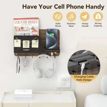 CLESOO Mail Holder Wall Mount - 6 Key Hooks Hanging Mail Organizer with Phone Holder - Letter Storage with Eyeglasses Holder, Magnets - Key Hanger with Shelf for Wall Entryway Hallway, Black