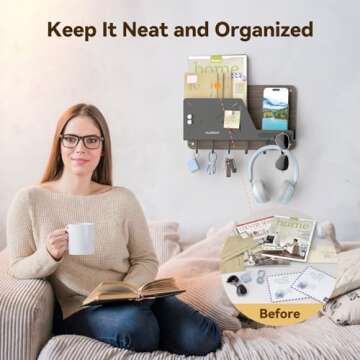 CLESOO Mail Holder Wall Mount - 6 Key Hooks Hanging Mail Organizer with Phone Holder - Letter Storage with Eyeglasses Holder, Magnets - Key Hanger with Shelf for Wall Entryway Hallway, Black