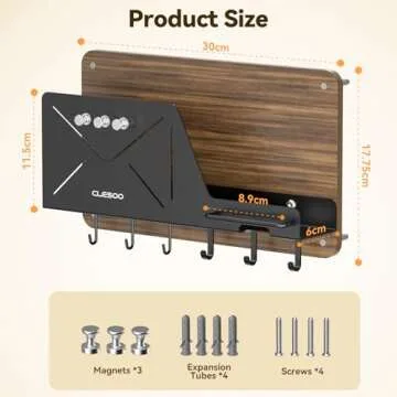 CLESOO Mail Holder Wall Mount - 6 Key Hooks Hanging Mail Organizer with Phone Holder - Letter Storage with Eyeglasses Holder, Magnets - Key Hanger with Shelf for Wall Entryway Hallway, Black