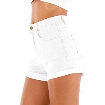 Cuihur Women's Summer Casual Denim High Waisted Folded Hem Jeans Shorts for Juniors White S