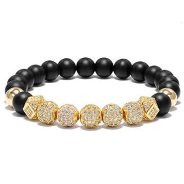 WFYOU 8mm Charm Beads Bracelet for Men Women Black Matte Onyx Natural Stone Beads, 7.5"