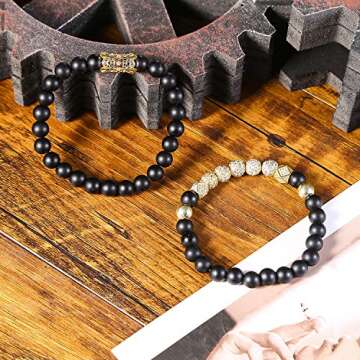 WFYOU 8mm Charm Beads Bracelet for Men Women Black Matte Onyx Natural Stone Beads, 7.5"