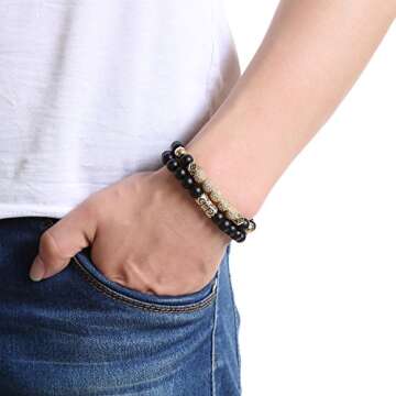 WFYOU 8mm Charm Beads Bracelet for Men Women Black Matte Onyx Natural Stone Beads, 7.5"