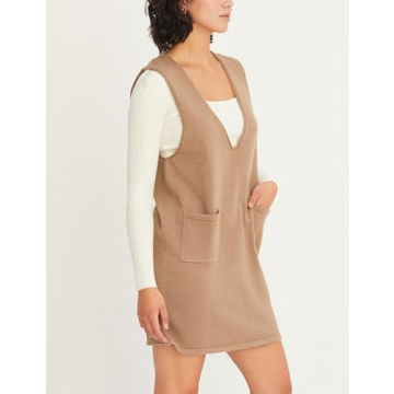 Meyhad Women’s Sweater Vest Dress V Neck Sleeveless Knit Pullover Pinafore Mini Dress with Pockets(0917-Khaki-XL)