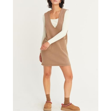 Meyhad Women’s Sweater Vest Dress V Neck Sleeveless Knit Pullover Pinafore Mini Dress with Pockets(0917-Khaki-XL)