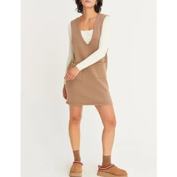 Meyhad Women’s Sweater Vest Dress V Neck Sleeveless Knit Pullover Pinafore Mini Dress with Pockets(0917-Khaki-XL)