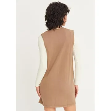Meyhad Women’s Sweater Vest Dress V Neck Sleeveless Knit Pullover Pinafore Mini Dress with Pockets(0917-Khaki-XL)