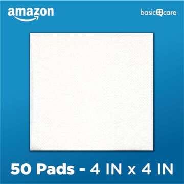 Amazon Basic Care Gauze Pads, 4x4 inches Sterile Medical Wound Dressing Sponges for Cleaning, Covering, & Cushioning Cuts & Minor Injuries, 50 Count (Pack of 1), (Previously All Health)