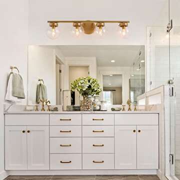 KSANA Bathroom Light Fixtures, 28" Gold Bathroom Vanity Light, 4-Light Gold Vanity Light with Clear ...
