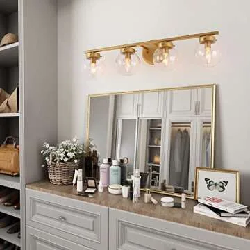 KSANA Bathroom Light Fixtures, 28" Gold Bathroom Vanity Light, 4-Light Gold Vanity Light with Clear Glass Globe, L 28" x W 6.5" x H 7"