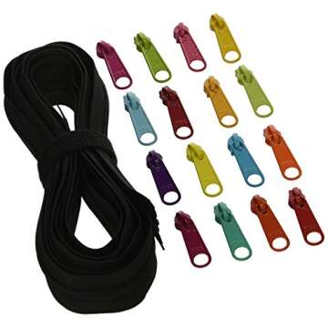 Patterns By Annie Yard Zipper – Versatile Black Zipper with 16 Colorful Pulls for All Sewing Proje...