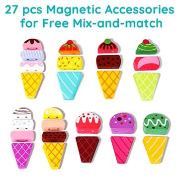 HELLOWOOD Wooden Ice Cream Truck, 28 pcs Magnetic Ice Cream Sweet Treats Pretend Play Food & Accesso...