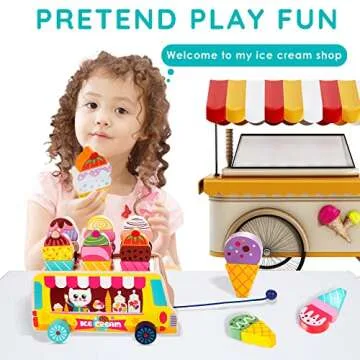 HELLOWOOD Wooden Ice Cream Truck, 28 pcs Magnetic Ice Cream Sweet Treats Pretend Play Food & Accessories, Montessori Sorting & Stacking Toys for Toddler Girls & Boys Age 2-5