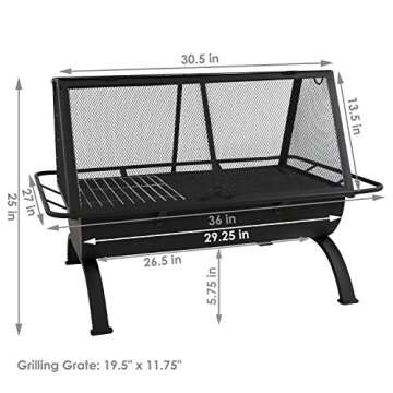 Sunnydaze 36-Inch Northland Steel Outdoor Fire Pit with Grill and Spark Screen - Vinyl Protective Cover - Black Finish