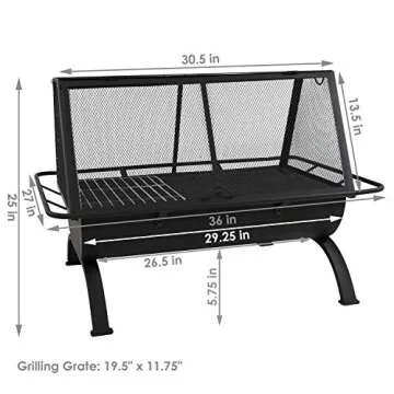 Sunnydaze 36-Inch Northland Steel Outdoor Fire Pit with Grill and Spark Screen - Vinyl Protective Cover - Black Finish