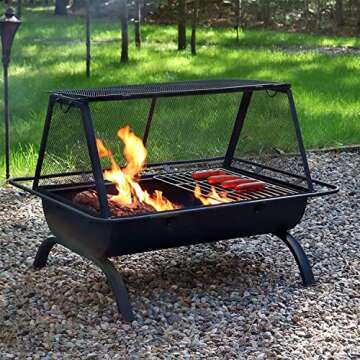 Sunnydaze 36-Inch Northland Steel Outdoor Fire Pit with Grill and Spark Screen - Vinyl Protective Cover - Black Finish