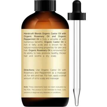 Handcraft Blends Organic Castor Oil with Rosemary and Peppermint Oil in Glass Bottle - 2 Fl Oz - 100% Pure and Natural - Premium Grade Oil for Hair Growth, Eyelashes and Eyebrows