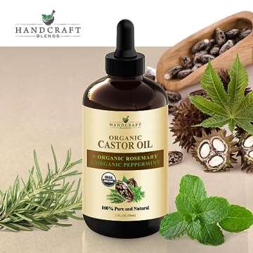 Handcraft Blends Organic Castor Oil with Rosemary and Peppermint Oil in Glass Bottle - 2 Fl Oz - 100% Pure and Natural - Premium Grade Oil for Hair Growth, Eyelashes and Eyebrows