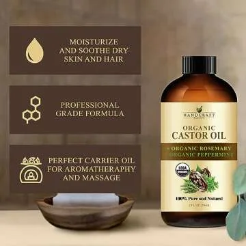 Handcraft Blends Organic Castor Oil with Rosemary and Peppermint Oil in Glass Bottle - 2 Fl Oz - 100% Pure and Natural - Premium Grade Oil for Hair Growth, Eyelashes and Eyebrows