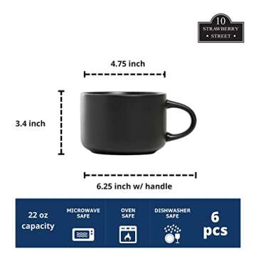 10 Strawberry Street Wazee Matte 4.75"/22 oz Oversized Mug, Set of 6, Black
