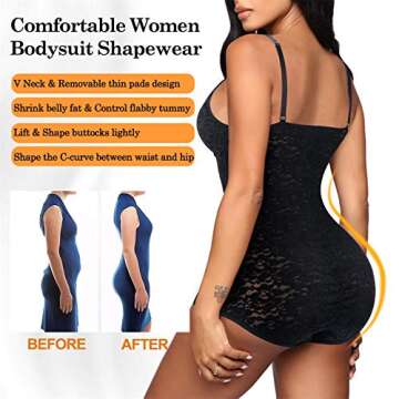 BRABIC Lace Bodysuit for Women Tummy Control Shapewear Sleeveless Tops V-Neck Backless Camisole Jumpsuit Shaper (Black, Medium)