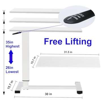 Ganggend Overbed Table with Swivel Hidden Wheels Adjustable Height, Pneumatic Mobile Standing Desk Laptop Bedside Table Multi-Purpose for Home and Hospital Use (White)