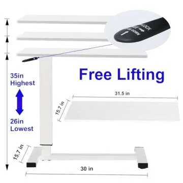 Ganggend Overbed Table with Swivel Hidden Wheels Adjustable Height, Pneumatic Mobile Standing Desk Laptop Bedside Table Multi-Purpose for Home and Hospital Use (White)