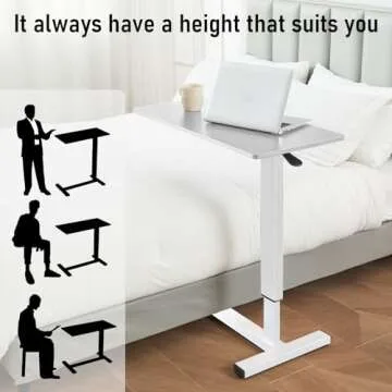 Ganggend Overbed Table with Swivel Hidden Wheels Adjustable Height, Pneumatic Mobile Standing Desk Laptop Bedside Table Multi-Purpose for Home and Hospital Use (White)