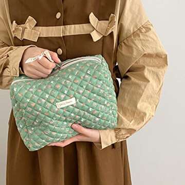 Lushandy Kawaii Floral Makeup Bag Coquette Aesthetic Cosmetic Bag Large Travel Makeup Organizer Cute Pouch Cotton Quilted Toiletry Bag