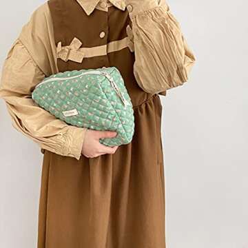 Lushandy Kawaii Floral Makeup Bag Coquette Aesthetic Cosmetic Bag Large Travel Makeup Organizer Cute Pouch Cotton Quilted Toiletry Bag