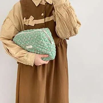 Lushandy Kawaii Floral Makeup Bag Coquette Aesthetic Cosmetic Bag Large Travel Makeup Organizer Cute Pouch Cotton Quilted Toiletry Bag