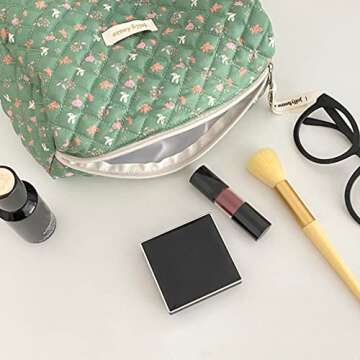 Lushandy Kawaii Floral Makeup Bag Coquette Aesthetic Cosmetic Bag Large Travel Makeup Organizer Cute Pouch Cotton Quilted Toiletry Bag