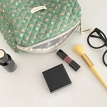Lushandy Kawaii Floral Makeup Bag Coquette Aesthetic Cosmetic Bag Large Travel Makeup Organizer Cute Pouch Cotton Quilted Toiletry Bag
